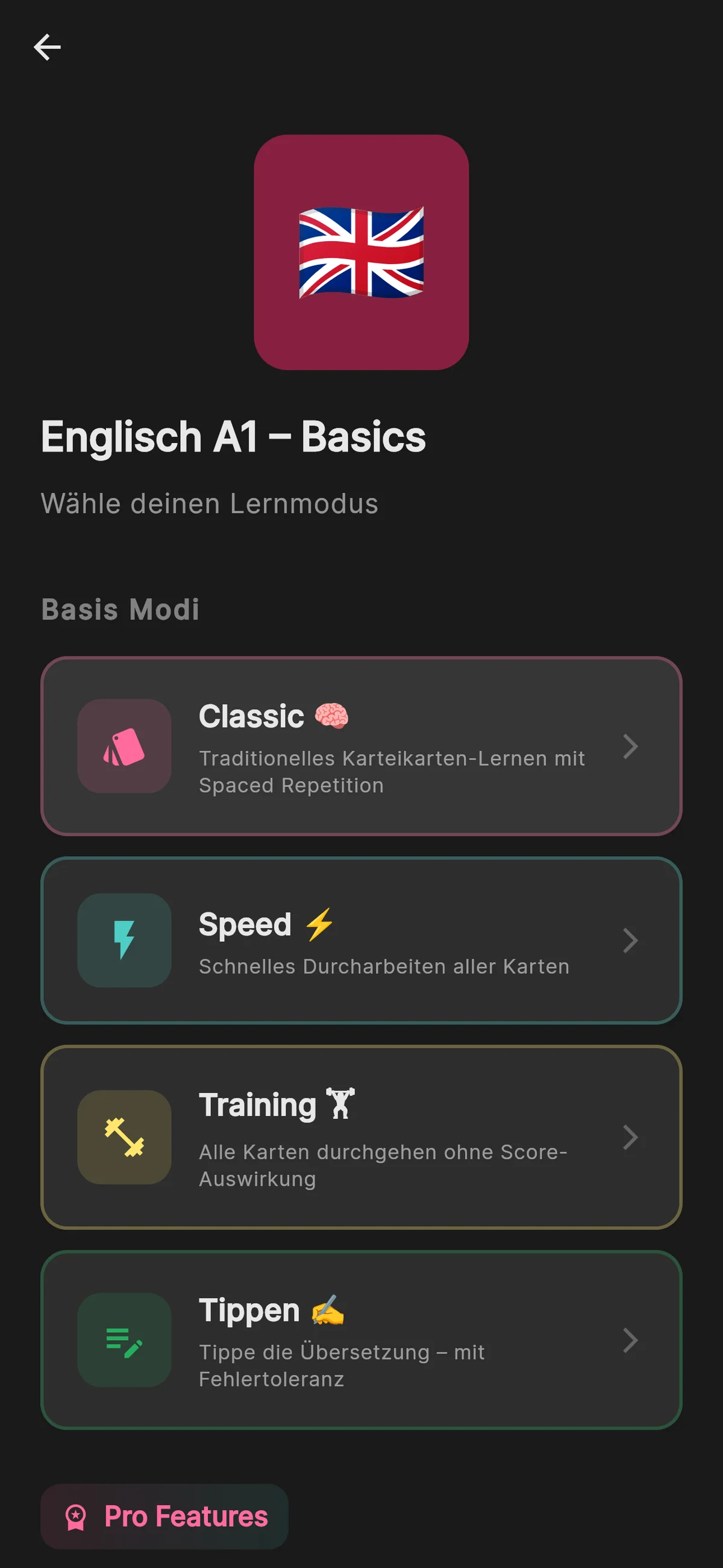 MemoSprint Lernmodi - Classic, Speed, Training, Tippen