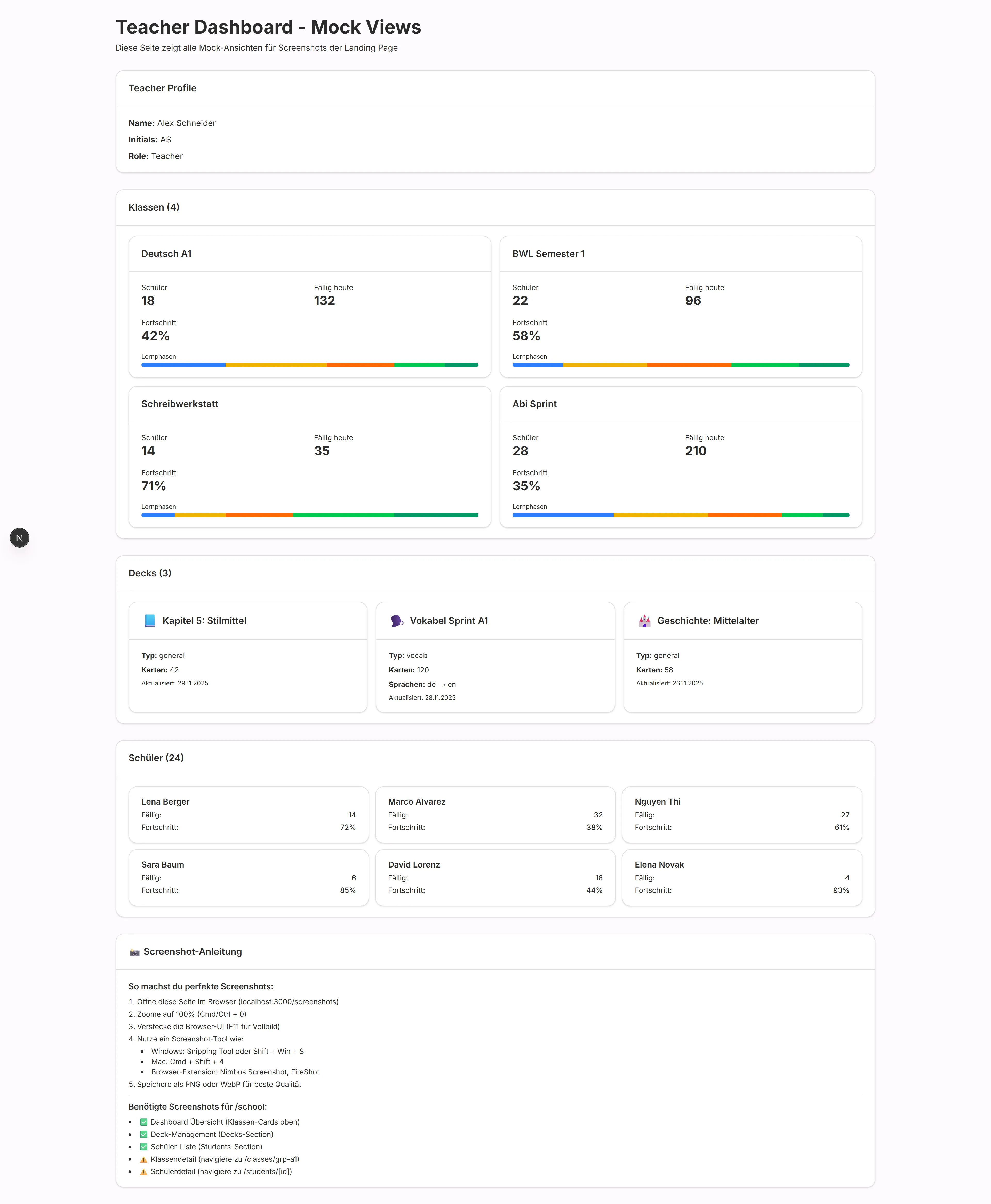 MemoSprint Dashboard für Lehrkräfte - Klassenübersicht und Statistiken